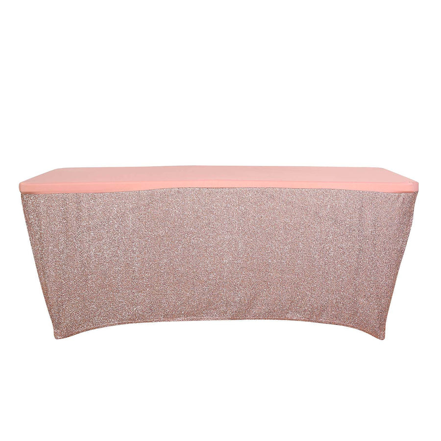 Rose Gold Metallic Shimmer Tinsel Spandex Table Cover Plain Top, Rectangular Fitted Tablecloth