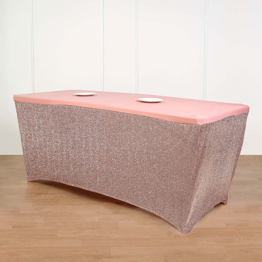 Rose Gold Metallic Shimmer Tinsel Spandex Table Cover Plain Top, Rectangular Fitted Tablecloth