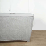 6ft Silver Metallic Shimmer Tinsel Spandex Table Cover With Plain Top, Rectangular Fitted Tablecloth
