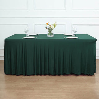 Add Elegance to Your Event with the 6ft Hunter Emerald Green Wavy Spandex Fitted Rectangle Tablecloth