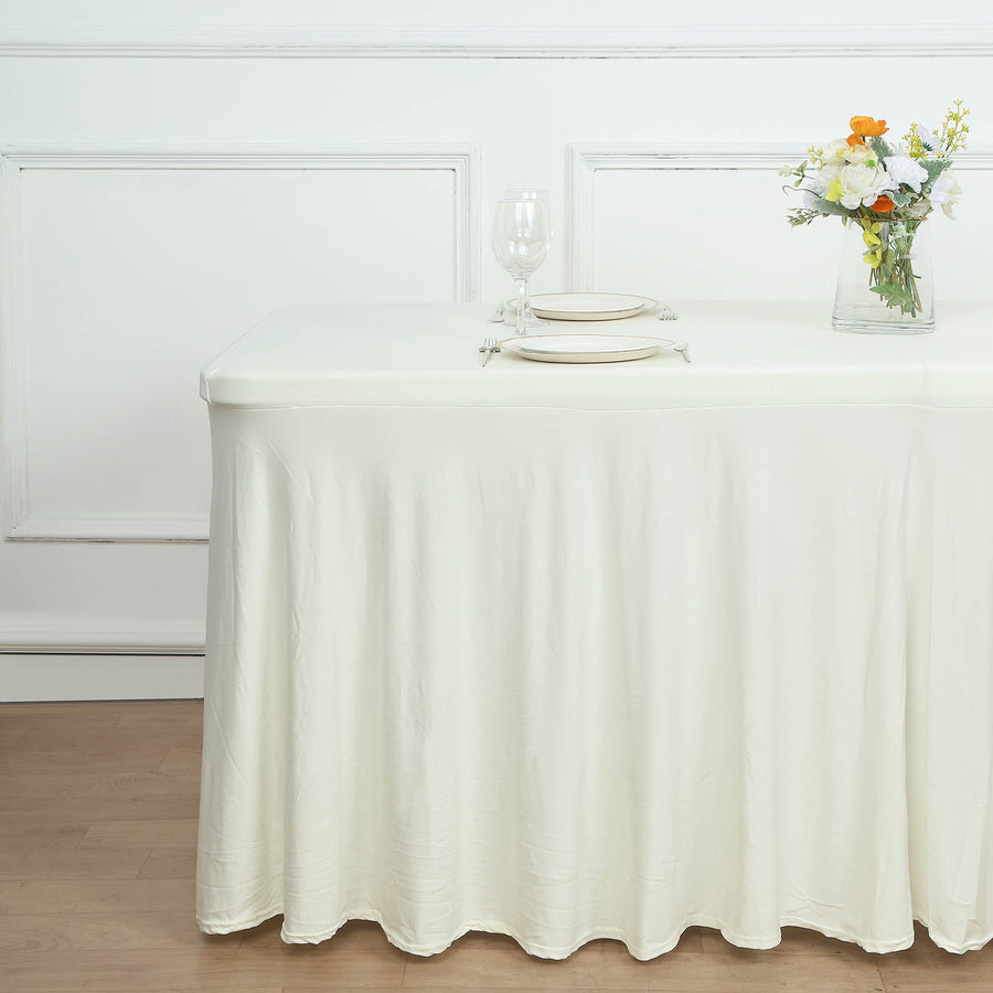 6ft Ivory Wavy Spandex Fitted Rectangle 1-Piece Tablecloth Table Skirt