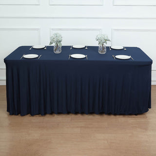 Add Elegance to Your Event with the Navy Blue Wavy Spandex Fitted Rectangle 1-Piece Tablecloth Table Skirt