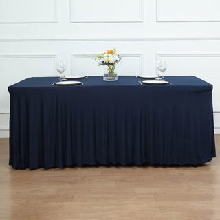 Add Elegance to Your Event with the Navy Blue Wavy Spandex Fitted Rectangle 1-Piece Tablecloth Table Skirt