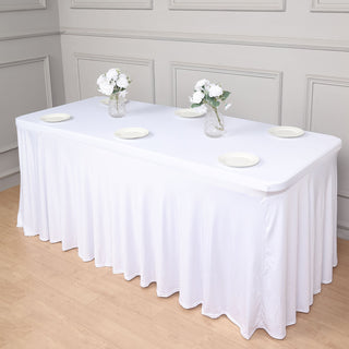 Convenient and Stylish: 6ft White Wavy Spandex Fitted Rectangle 1-Piece Tablecloth Table Skirt