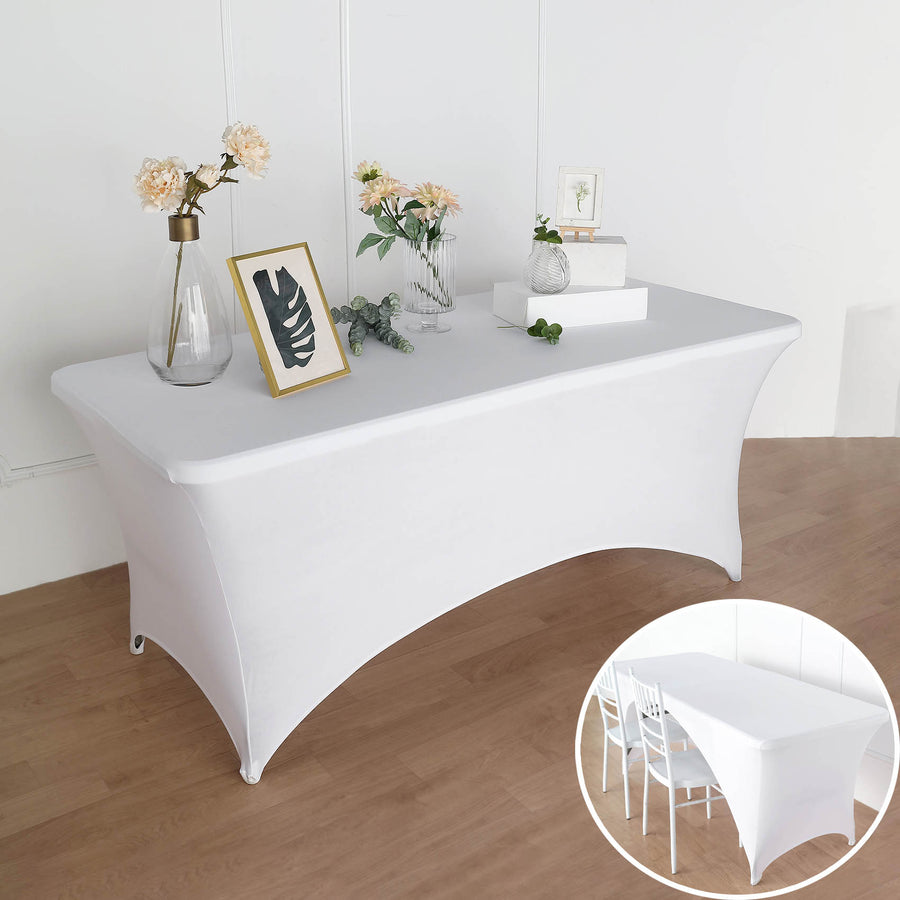 6ft White Open Back Stretch Spandex Table Cover, Rectangular Fitted Tablecloth