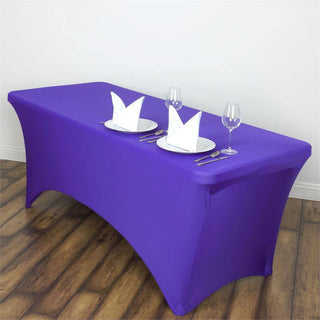 Add Elegance to Your Event with a 6ft Purple Rectangular Stretch Spandex Tablecloth
