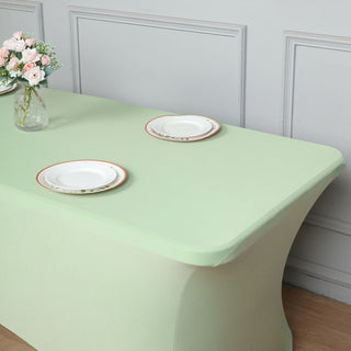 Unleash the Beauty of Your Event with the 6ft Sage Green Spandex Stretch Fitted Rectangular Tablecloth