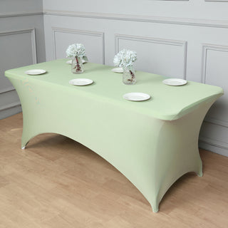Experience Unmatched Quality with the 6ft Sage Green Spandex Stretch Fitted Rectangular Tablecloth