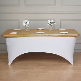 Add Elegance to Your Event with the 6ft Metallic Gold Spandex Stretch Fitted Banquet Table Top Cover