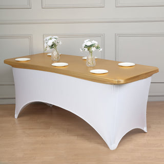 Create a Memorable Banquet with the 6ft Metallic Gold Spandex Stretch Fitted Banquet Table Top Cover