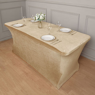 Elevate Your Event Decor with the 6ft Champagne Premium Smooth Velvet Spandex Fit Rectangular Tablecloth With Foot Pockets