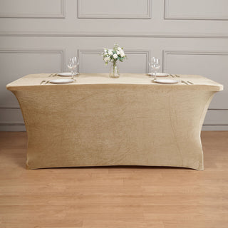 Add Elegance to Your Event with the 6ft Champagne Premium Smooth Velvet Spandex Fit Rectangular Tablecloth With Foot Pockets