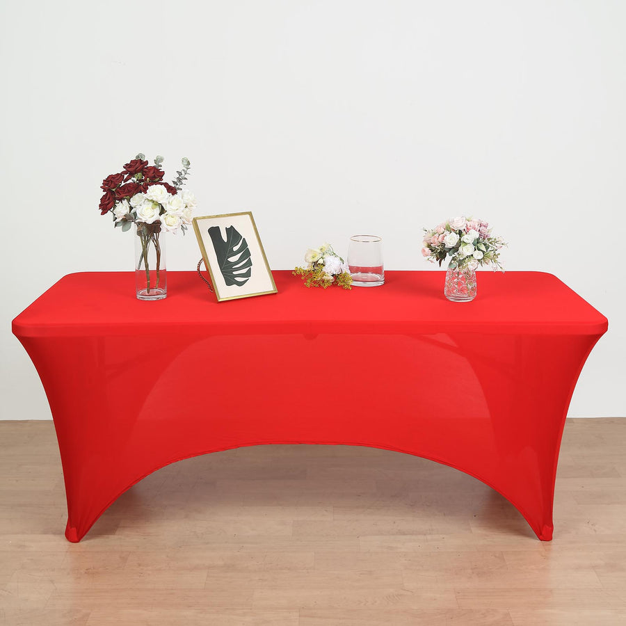8ft Red Open Back Stretch Spandex Table Cover, Rectangular Fitted Tablecloth