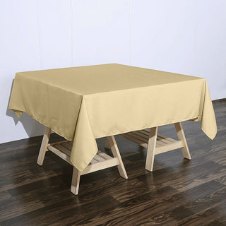 Add Elegance to Your Event with the 70x70 Champagne Square Seamless Polyester Tablecloth