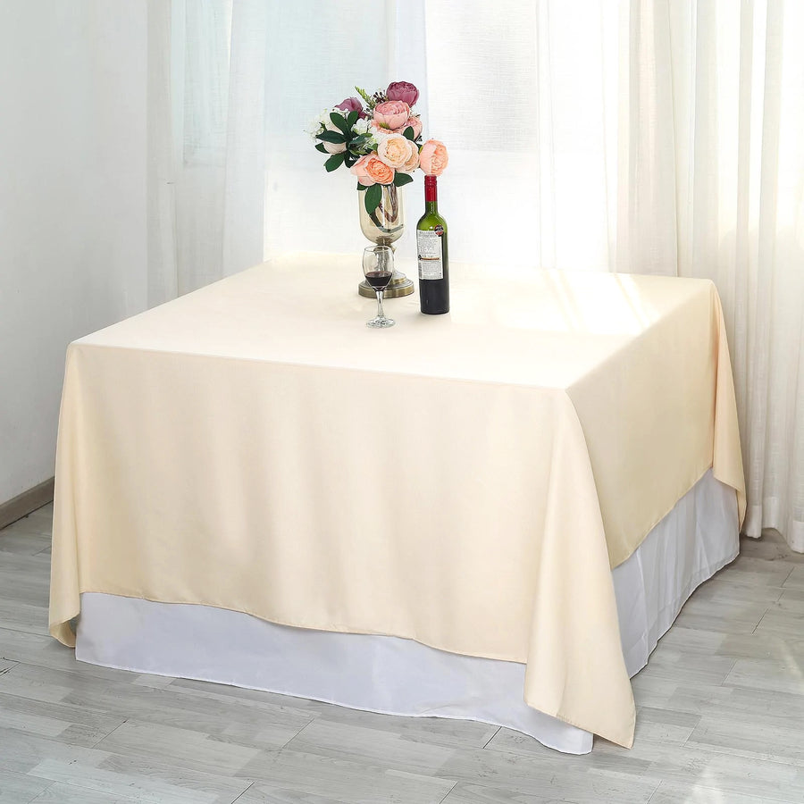 90 Inch Beige Square Polyester Table Overlay