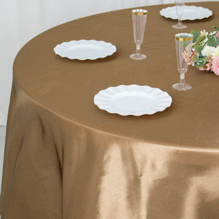 Elevate Your Event with the 108" Taupe Smooth Seamless Satin Round Tablecloth