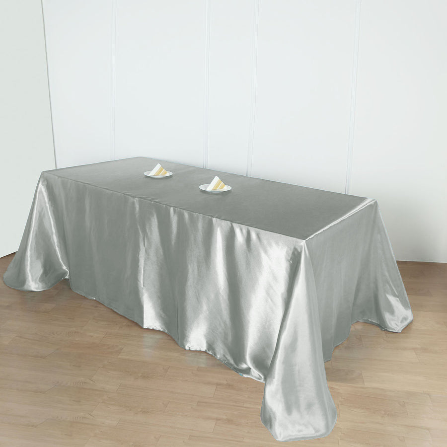 90x156 Silver Satin Rectangular Tablecloth
