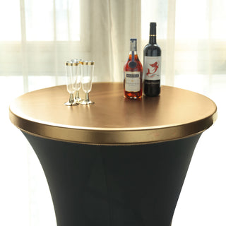 Add Elegance to Your Event with the Metallic Gold Spandex Stretch Fitted Cocktail Table Top Cover