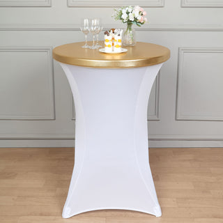 Add Elegance to Your Event with the Metallic Gold Spandex Stretch Fitted Cocktail Table Top Cover