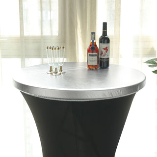 Create Unforgettable Events with the Metallic Silver Spandex Stretch Fitted Cocktail Table Top Cover