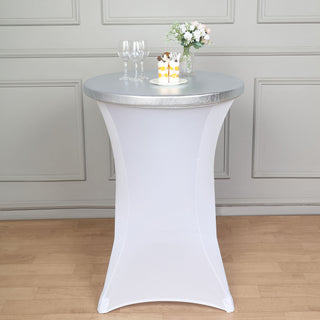 Elevate Your Event with the Metallic Silver Spandex Stretch Fitted Cocktail Table Top Cover