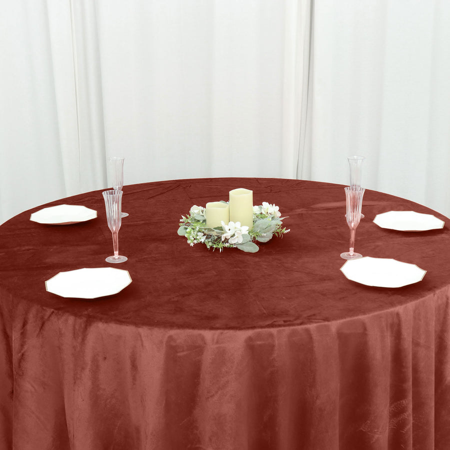 Terracotta (Rust) Seamless Premium Velvet Round Tablecloth, Reusable Linen - 120inch