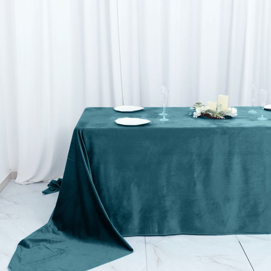 90Inchx156Inch Peacock Teal Seamless Premium Velvet Rectangle Tablecloth, Reusable Linen
