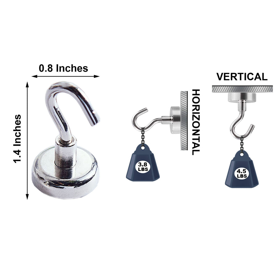 Pack of 4 | 4.5Lb Capacity Silver Heavy Duty Magnetic Hooks, Multipurpose Hanging Metal Hooks