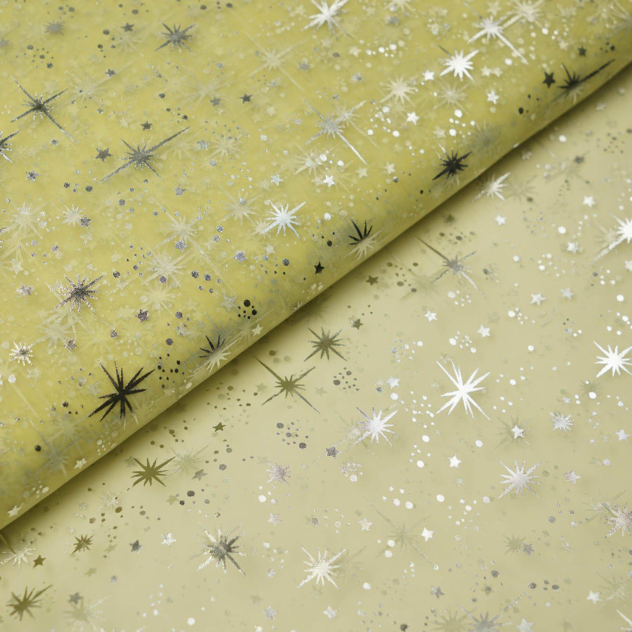 54 Inch x 15 Yards | Yellow Hot Foil Stamped Glitter Stars Sparkle Organza Fabric by the Yard 