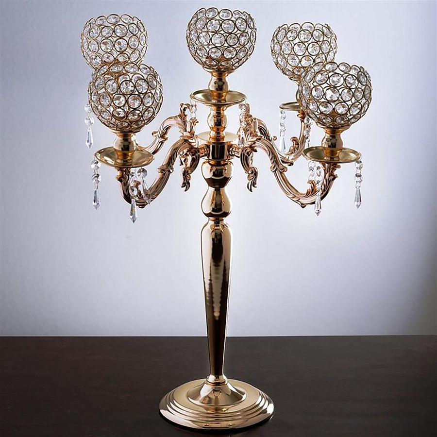 25inch Tall 5 Arm Gold Crystal Beaded Globe Metal Candelabra Candle Holder