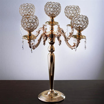 25" Tall 5 Arm Gold Crystal Beaded Globe Metal Candelabra Candle Holder