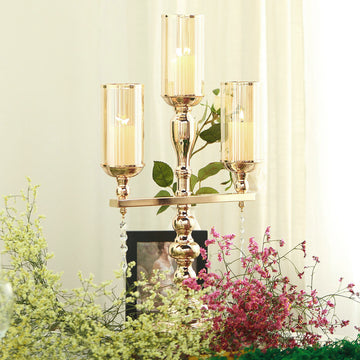 23" Tall 3 Arm Gold Metal Pillar Candle Stand, Votive Candelabra With Hanging Clear Crystal Pendants