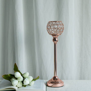 16" Tall Rose Gold Crystal Votive Pillar Candle Holder, Metal Tealight Round Candle Stand