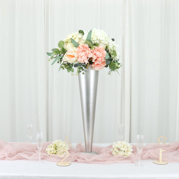 24" Tall Brushed Silver Metal Trumpet Flower Vase Wedding Centerpiece