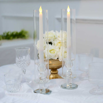 2 Pack | 14" Tall Clear Crystal Glass Hurricane Taper Candle Holders With Cylinder Chimney Tubes