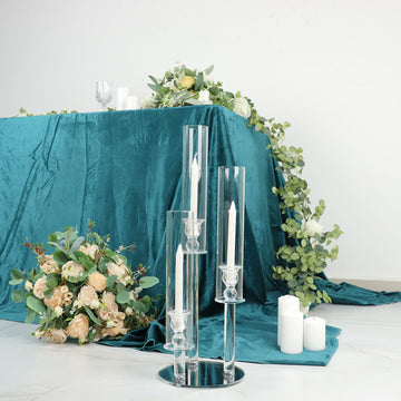23" Tall Clear 3-Arm Crystal Round Glass Taper Candle Candelabra, Pillar Candle Holder Wedding Centerpiece