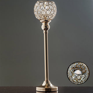 Add Elegance to Your Event with the 16" Tall Gold Crystal Votive Pillar Candle Holder