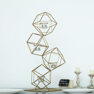 25" Tall Gold Linked Geometric Tealight Candle Holder Set With Votive Glass Holders