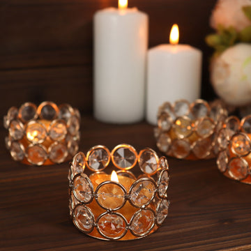 6 Pack | 1.5" Tall Gold Metal Crystal Beaded Votive Candle Holders, Tea Light Candle Stands