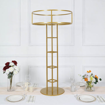 46" Tall Gold Metal Grand Halo Top Flower Display Stand Pedestal, Large Open Frame Floral Riser Wedding Centerpiece