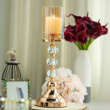 17" Tall Gold Metal Pillar Candle Holder With Hurricane Glass Tube and Crystal Globes
