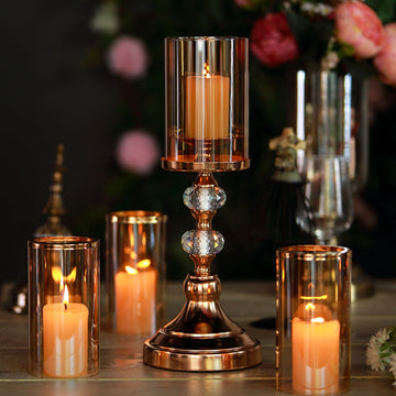 15" Tall Gold Metal Pillar Candle Holder With Hurricane Glass Tube