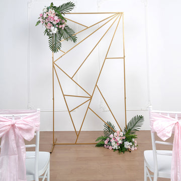 6ft Tall Gold Metal Rectangular Geometric Flower Frame Prop Stand, Wedding Backdrop Floor Stand With Cloudy Film Insert