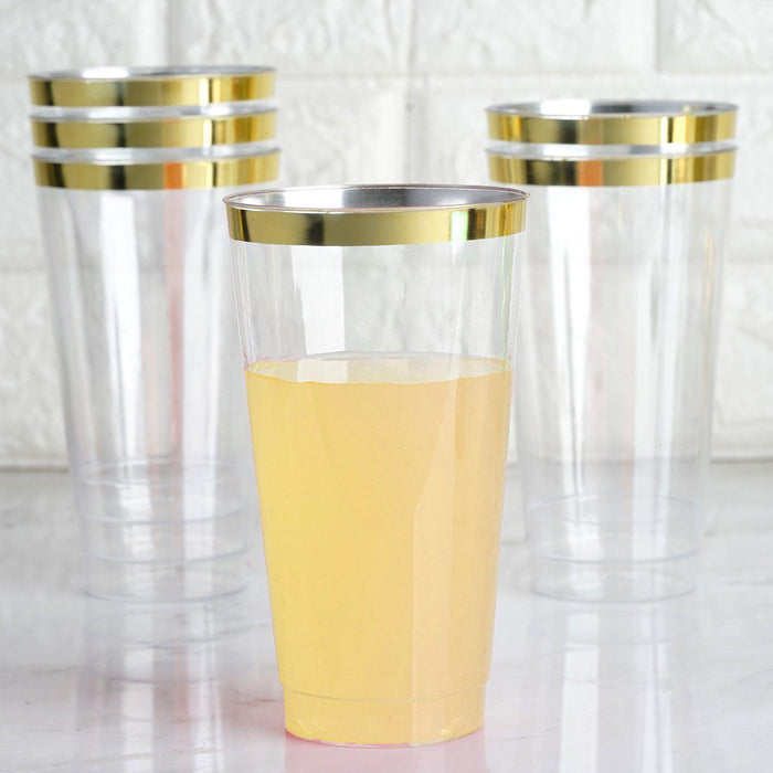 12 Pack | 17oz Tall Gold Rim Clear Plastic Cups, Disposable Party Glasses