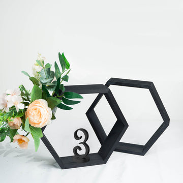 2 Pack 9" Tall Hexagon Black Wood Centerpiece, Geometric Terrarium Honeycomb Storage Shelf