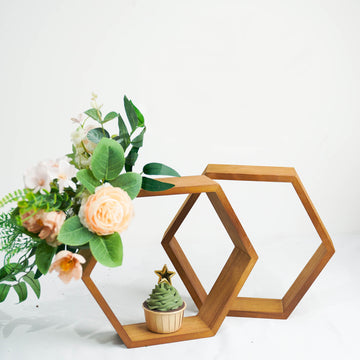 2 Pack | 9" Tall Hexagon Rustic Wood Centerpiece | Natural Geometric Terrarium | Honeycomb Storage Shelf