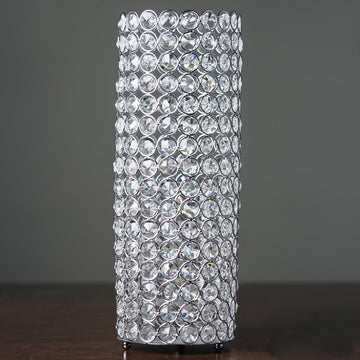 16" Tall Metallic Silver Full Crystal Beaded Pillar Candle Holder Stand