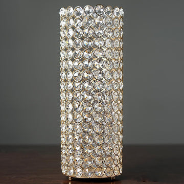 16" Tall Shiny Gold Metal Full Crystal Beaded Pillar Candle Holder Stand