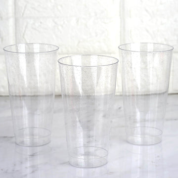 12 Pack 17oz Tall Silver Glitter Sprinkled Plastic Cups, Disposable Party Glasses