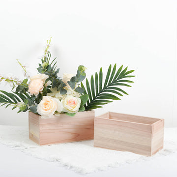 2 Pack | 10"x5" Tan Rectangular Wood Planter Box Set, Plant Holder With Removable Plastic Liners